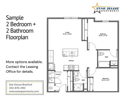 Floor plan for 2 beds, 2 baths, 1017 sqft